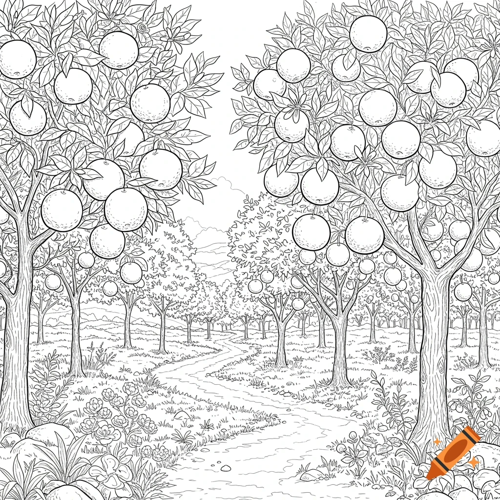 Black and white line drawing of an orange grove with a path winding through it.