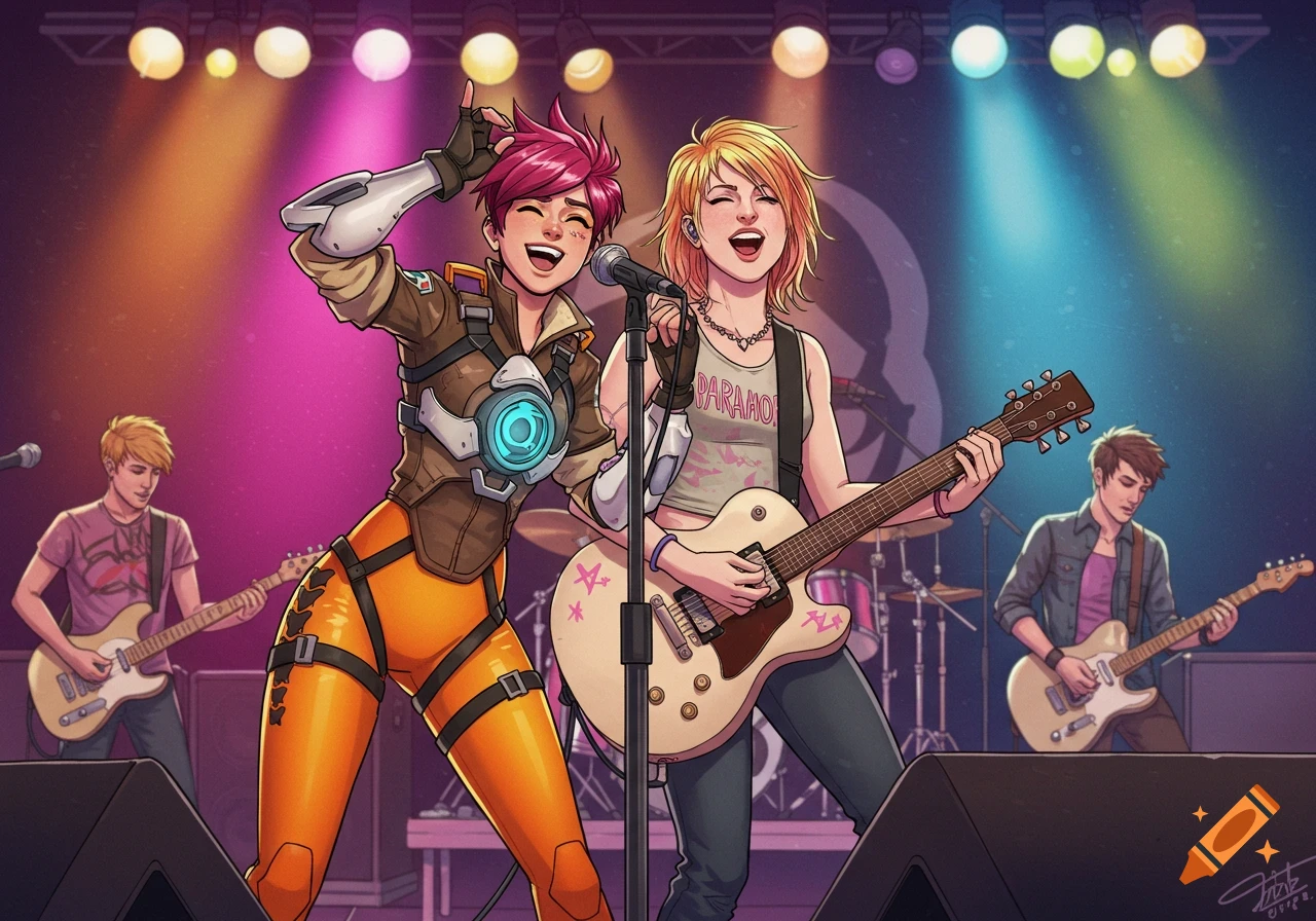 Tracer from Overwatch and a woman playing guitar singing on stage with a band in a cartoon style.