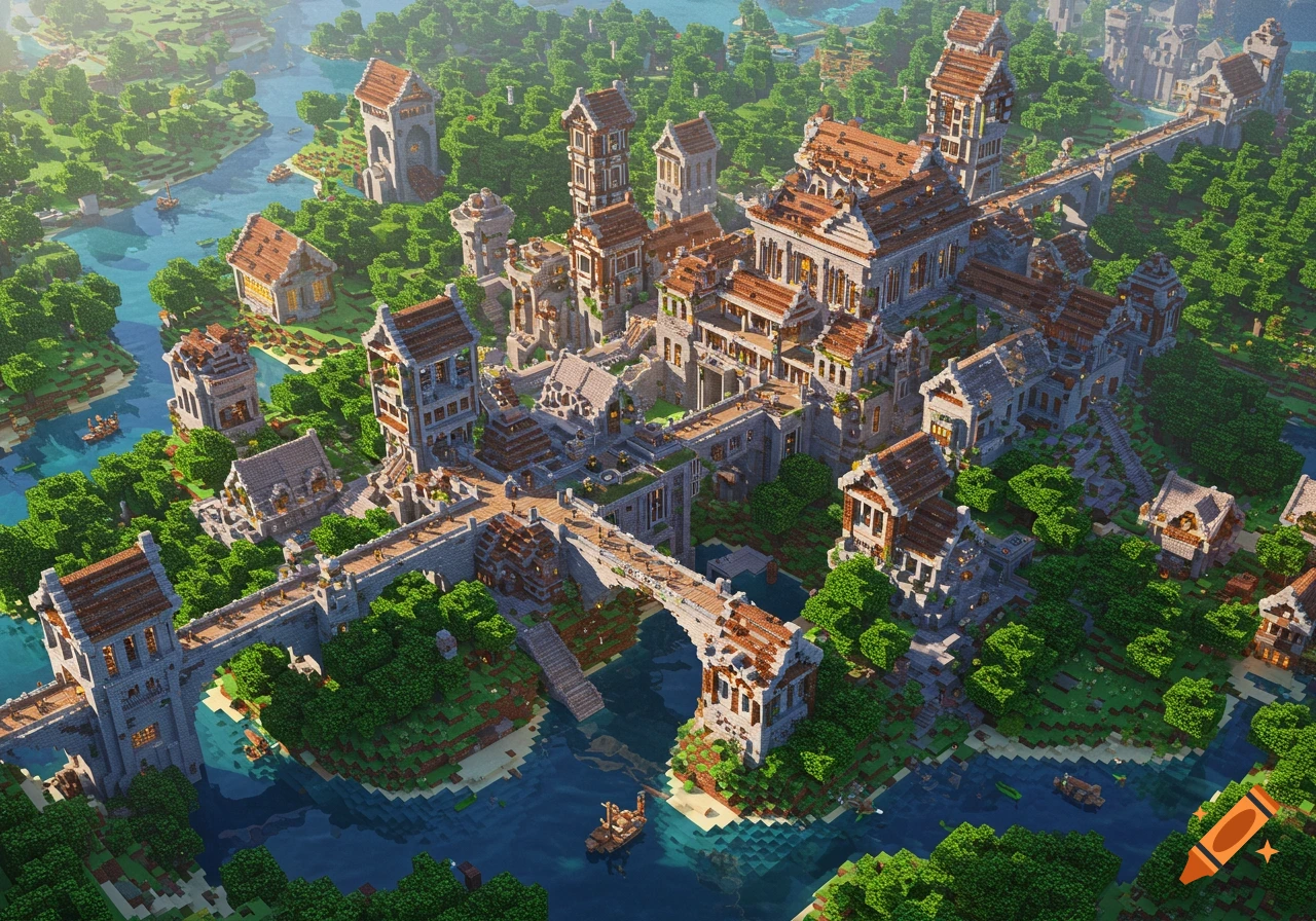Large Minecraft base with bridges and towers along a river