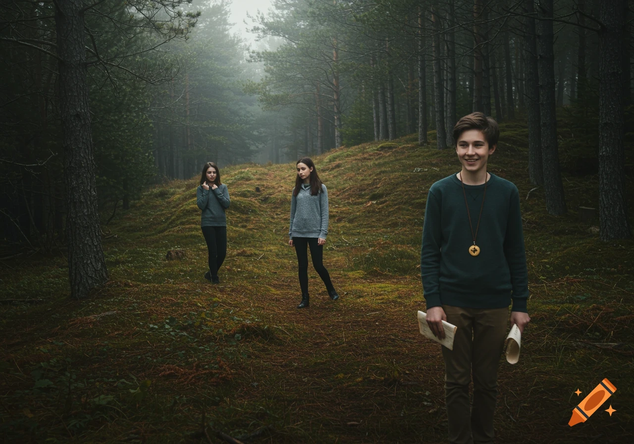 Three teenagers are in a misty forest. One boy smiles in the foreground holding papers and a compass, while two girls stand behind him on a hill.