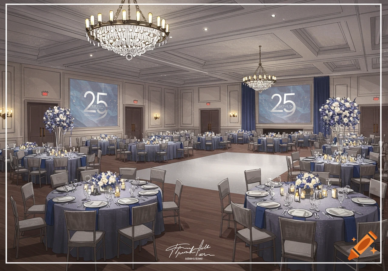 Illustrated rendering of a formal ballroom event setup with tables, blue linens, floral centerpieces, chandeliers, and screens showing '25'.