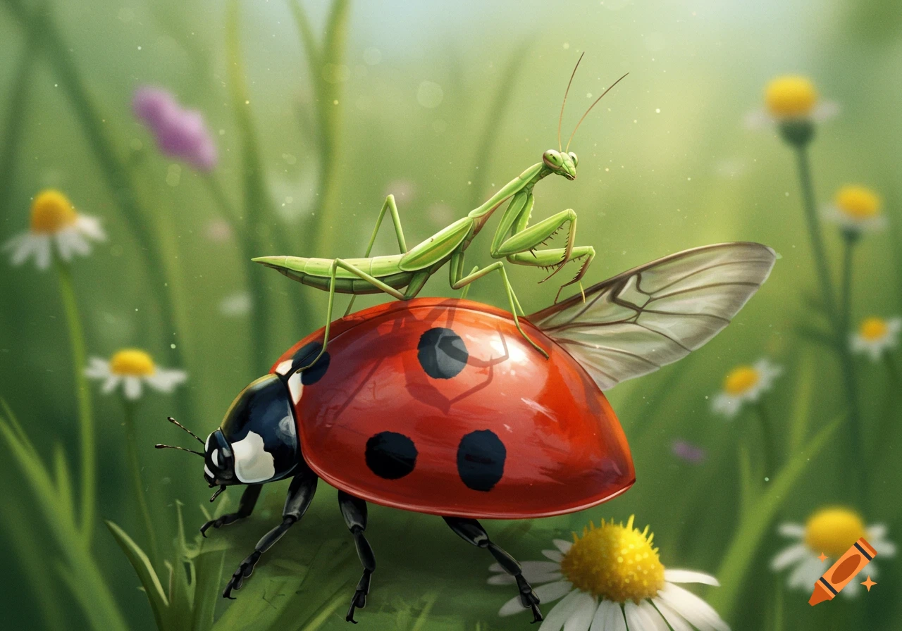 Illustration of a praying mantis riding on a ladybug in a grassy field with daisies.