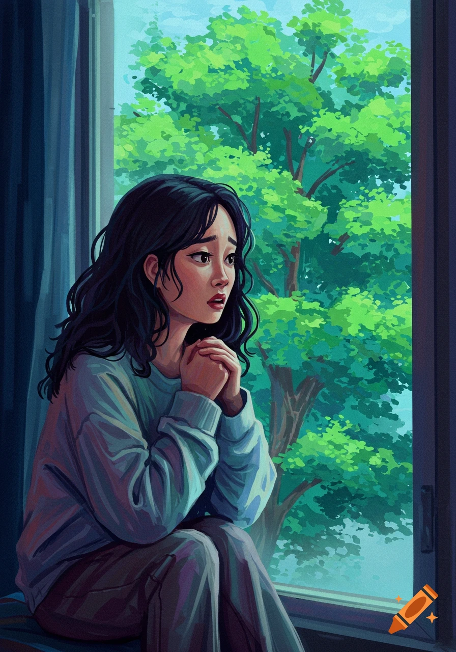 Illustrative portrait of a woman looking out a window at trees, expressing anxiety.