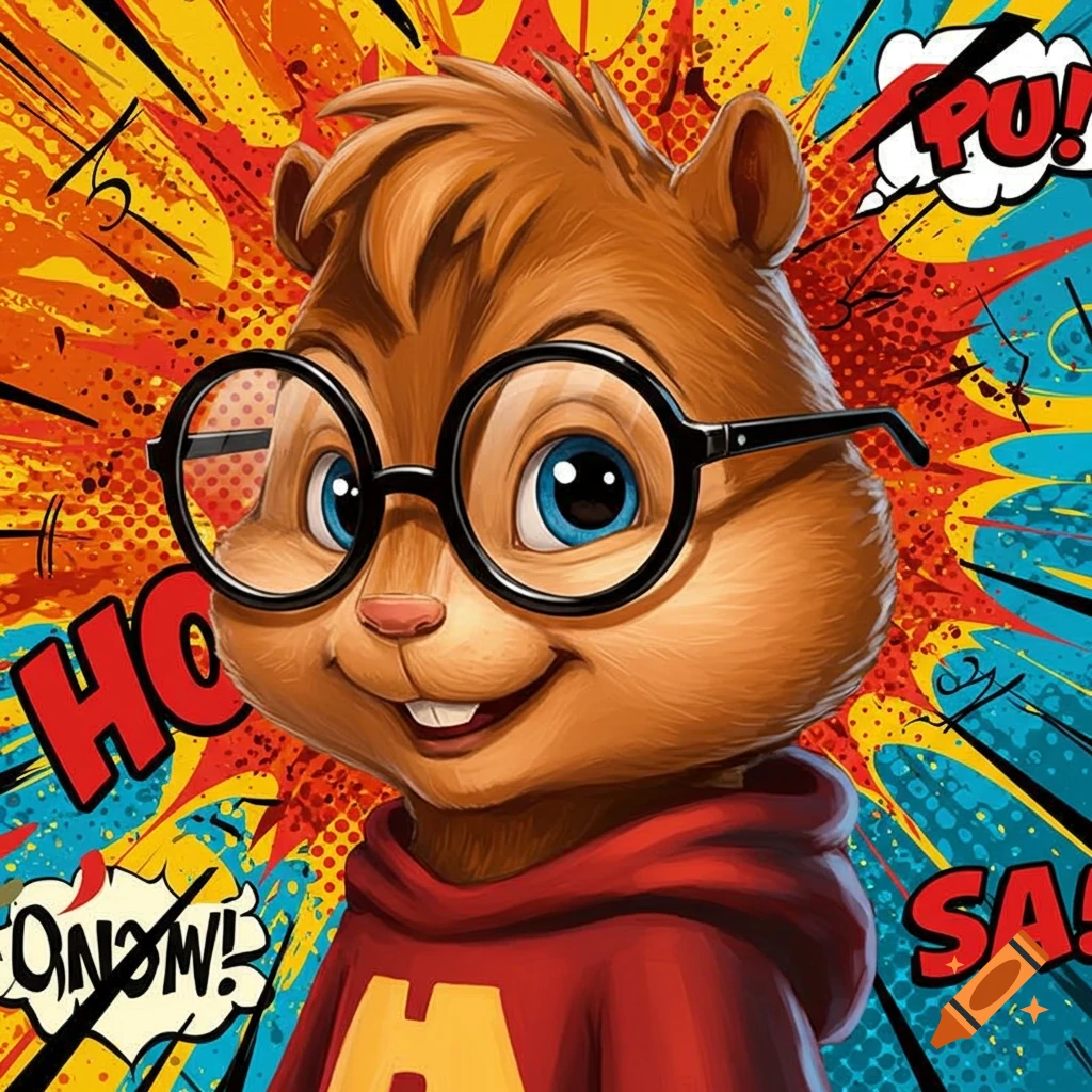 Cartoon chipmunk wearing glasses in front of a colorful pop art explosion background with comic text.
