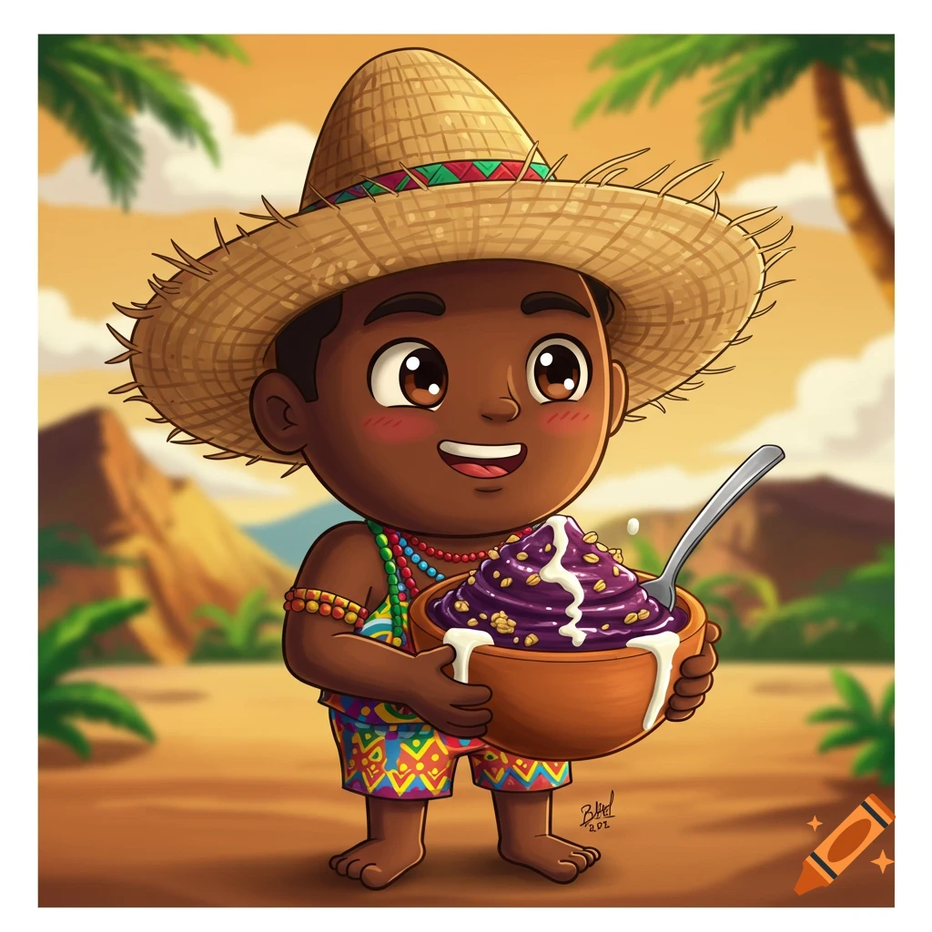 Cartoon character in a straw hat holding a bowl of acai.