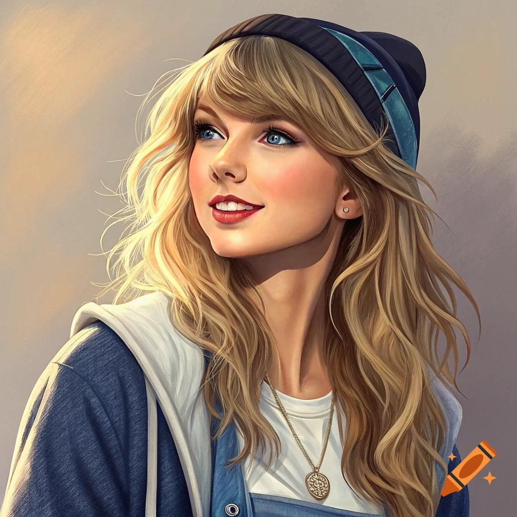 Digital painting portrait of Taylor Swift wearing a beanie and jacket