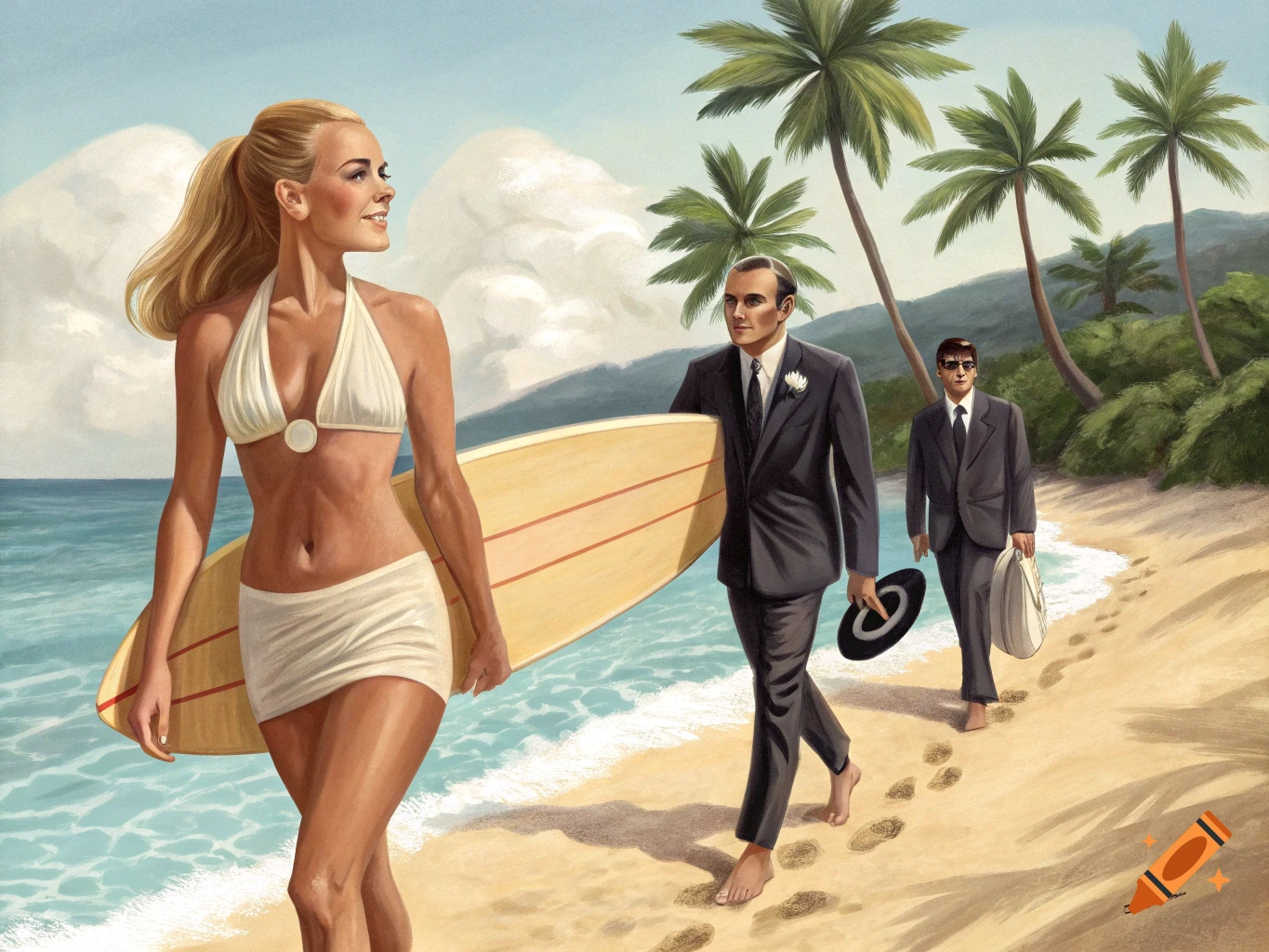 Illustration of a woman in a bikini holding a surfboard and men in suits walking on a beach.