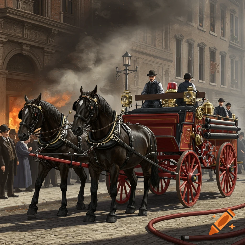 Horse-drawn fire engine in a historical city street with smoke and people