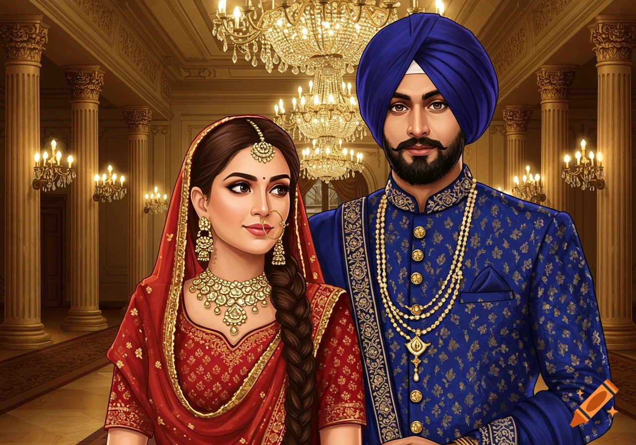 Illustration of a royal Punjabi couple in traditional attire standing in a grand hall with chandeliers.