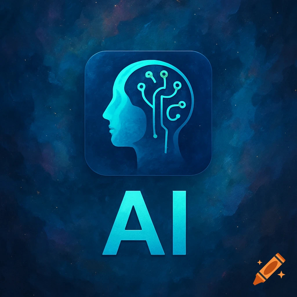 Stylized AI icon with a human head and circuit pattern above the letters AI, against a blue cosmic background.