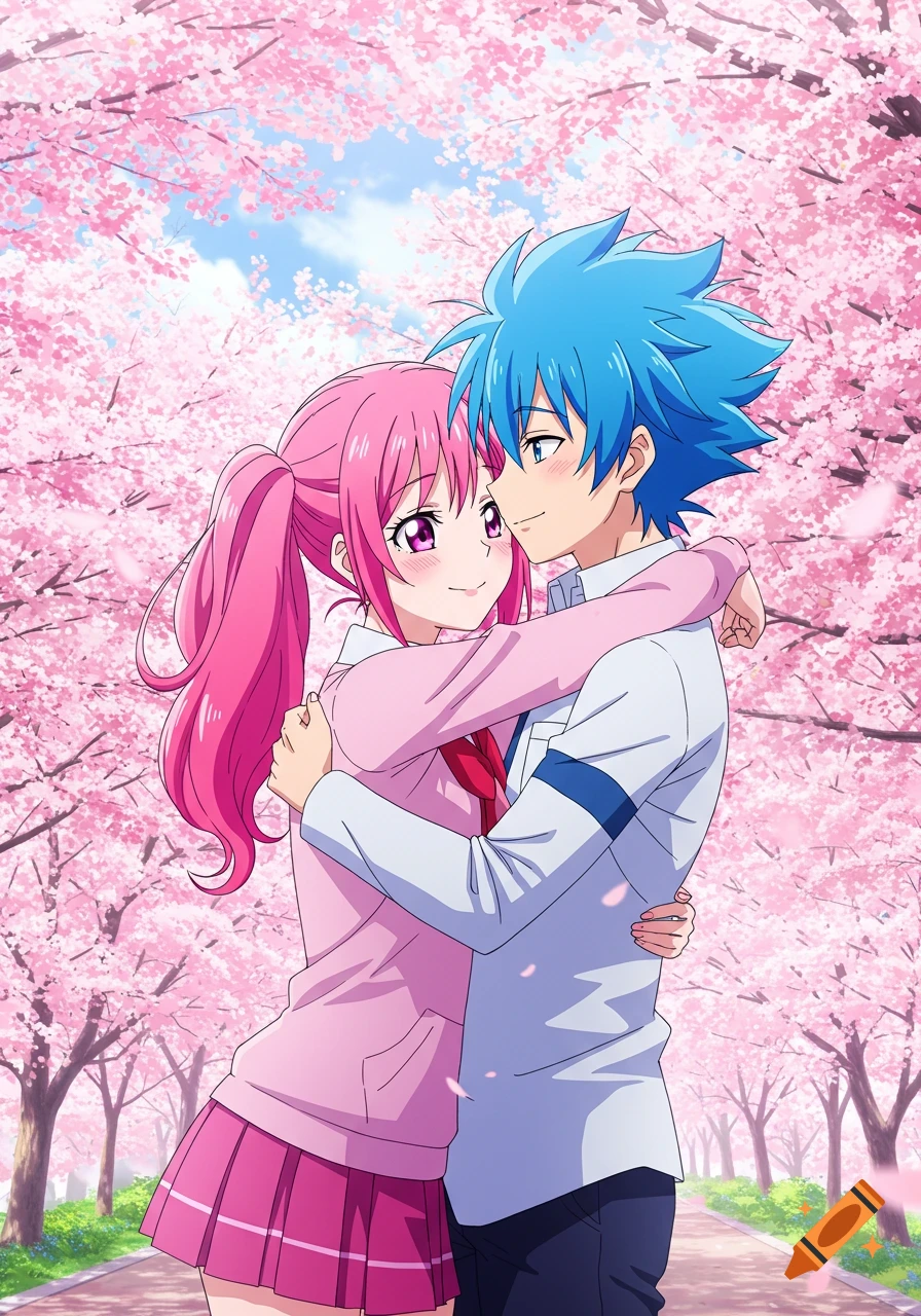 Two anime characters hugging under cherry blossom trees.