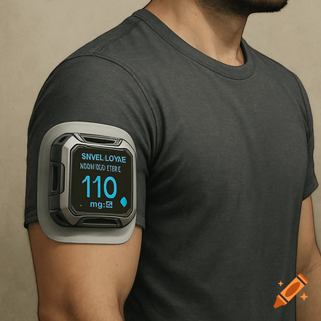 A man's arm wears a futuristic medical patch device displaying numbers and text.