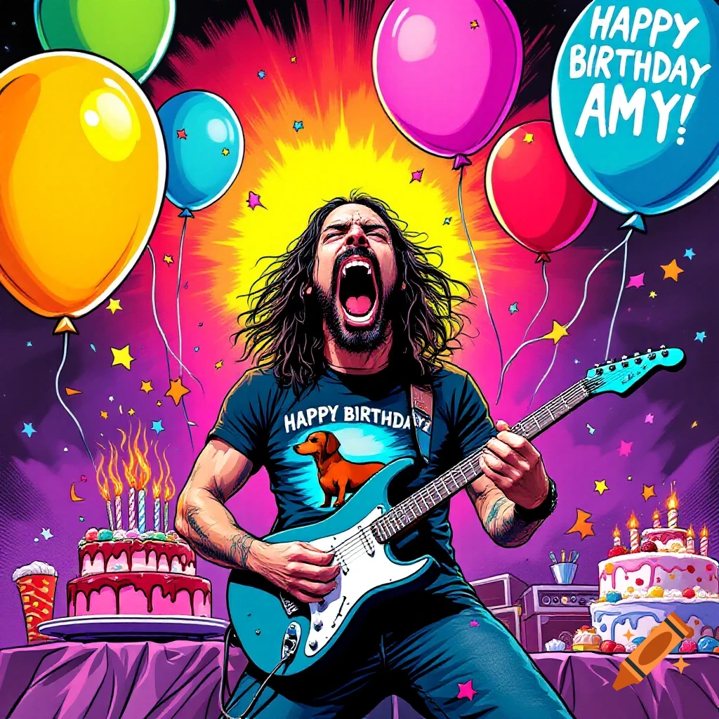 Pop art cartoon of a musician yelling while playing guitar at a birthday party with balloons and cake.