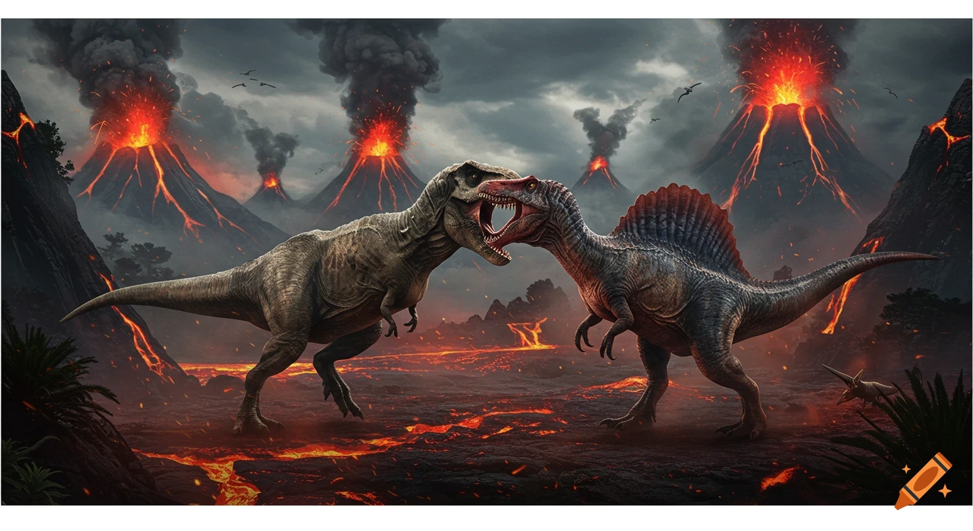 A T-Rex fights a Spinosaurus in a volcanic landscape with erupting volcanoes and flowing lava.