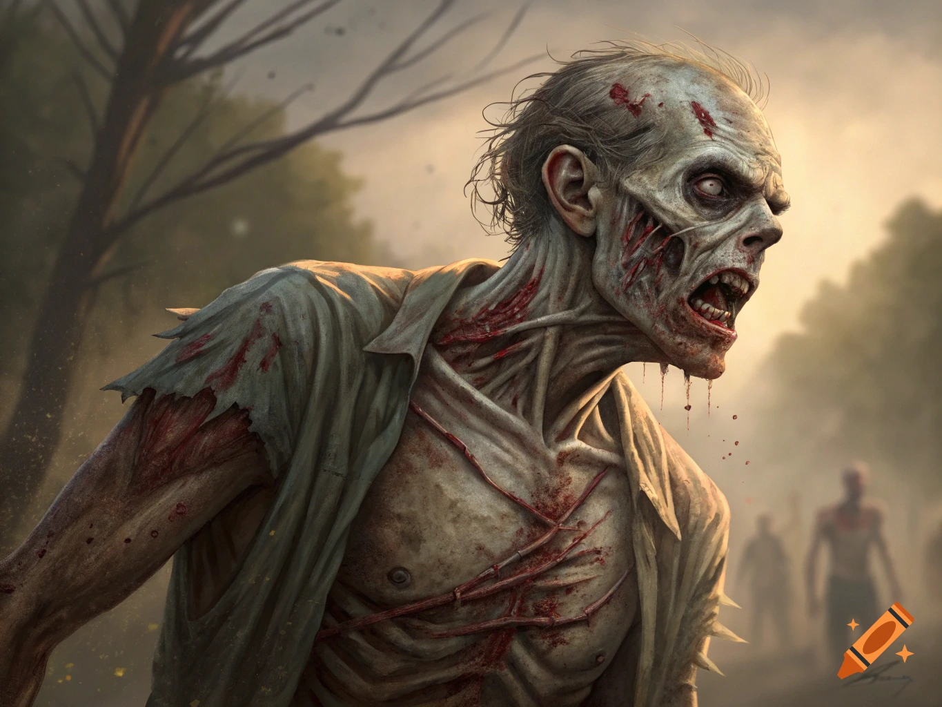 Close-up of a bloody zombie in torn clothes, with blurred figures in the background.