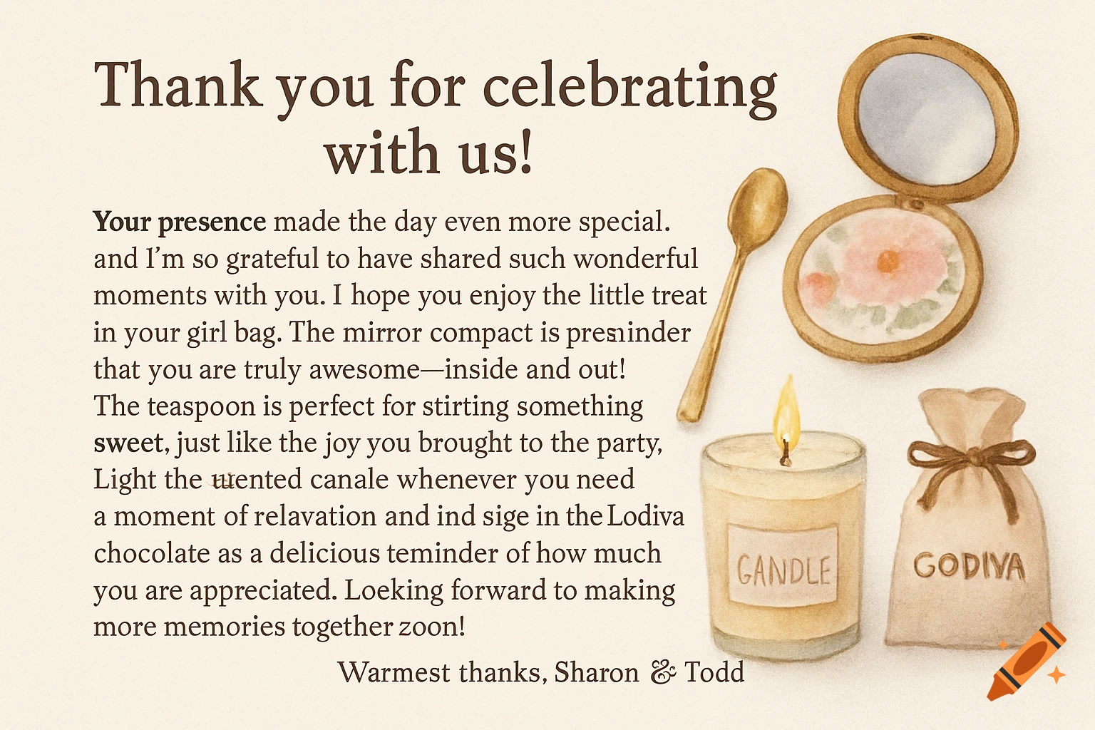 Watercolor illustration of gifts including a candle, chocolate bag, spoon, and mirror compact with a thank you message.