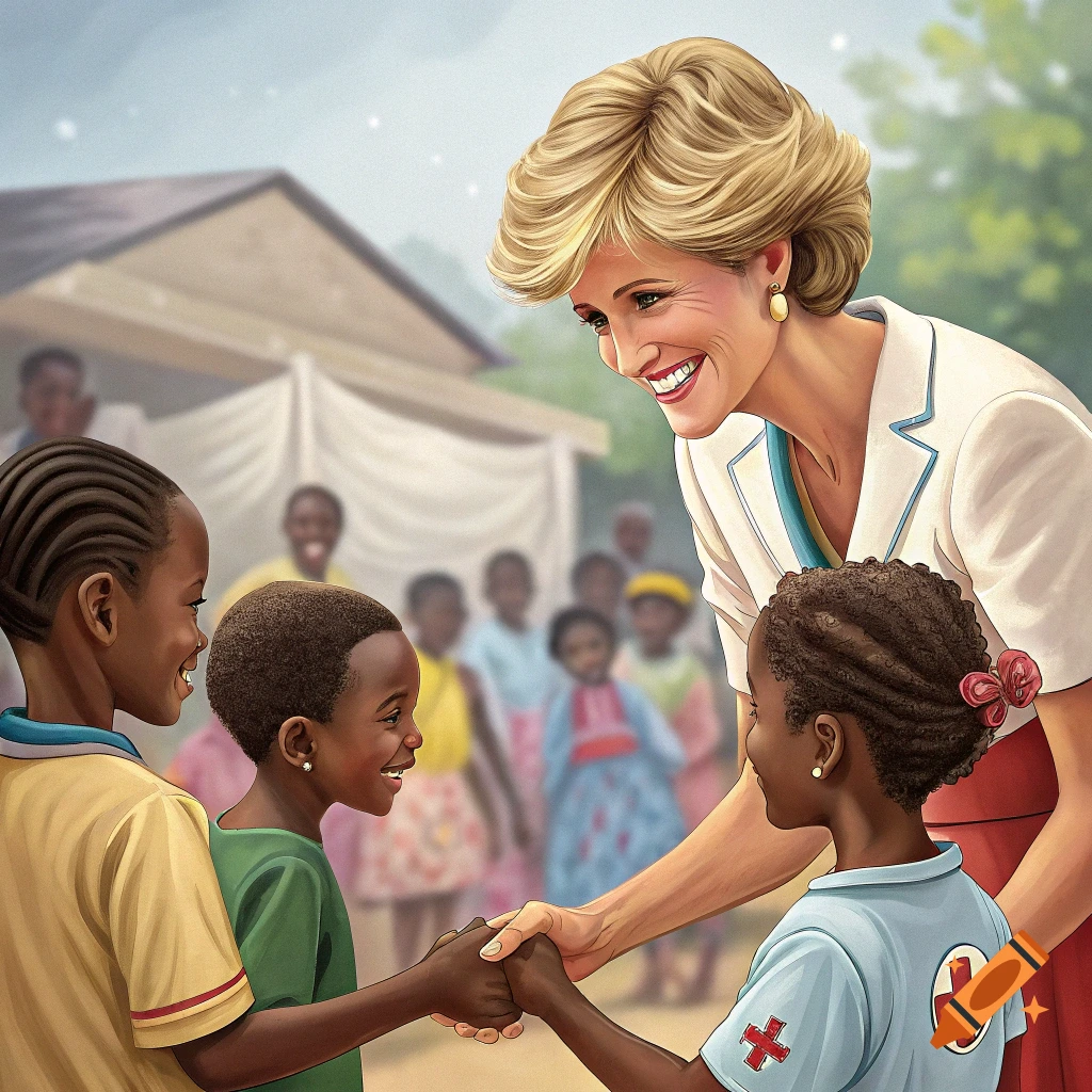 Princess Diana shakes hands with a child as other children watch in a vibrant illustration.