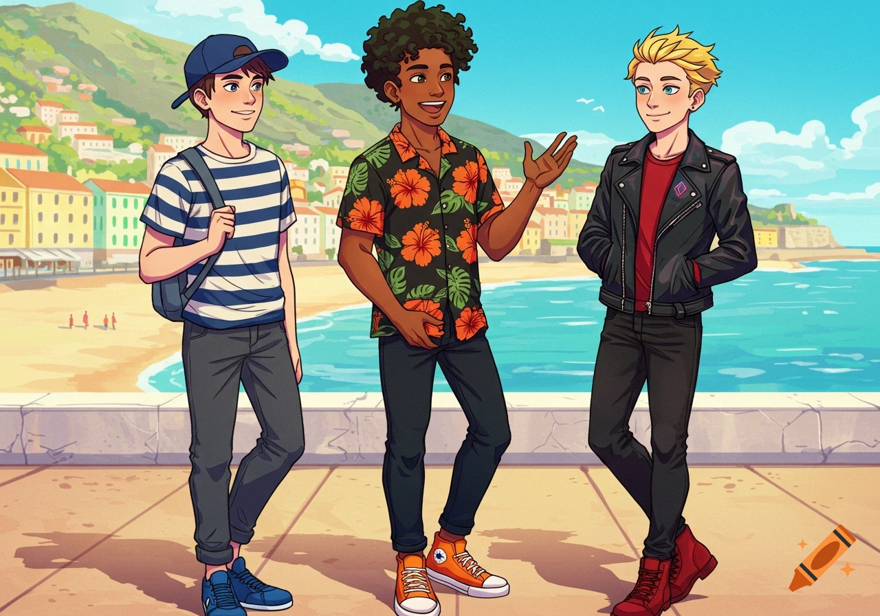 Three anime/pop art teenagers smiling and talking on a seaside promenade.