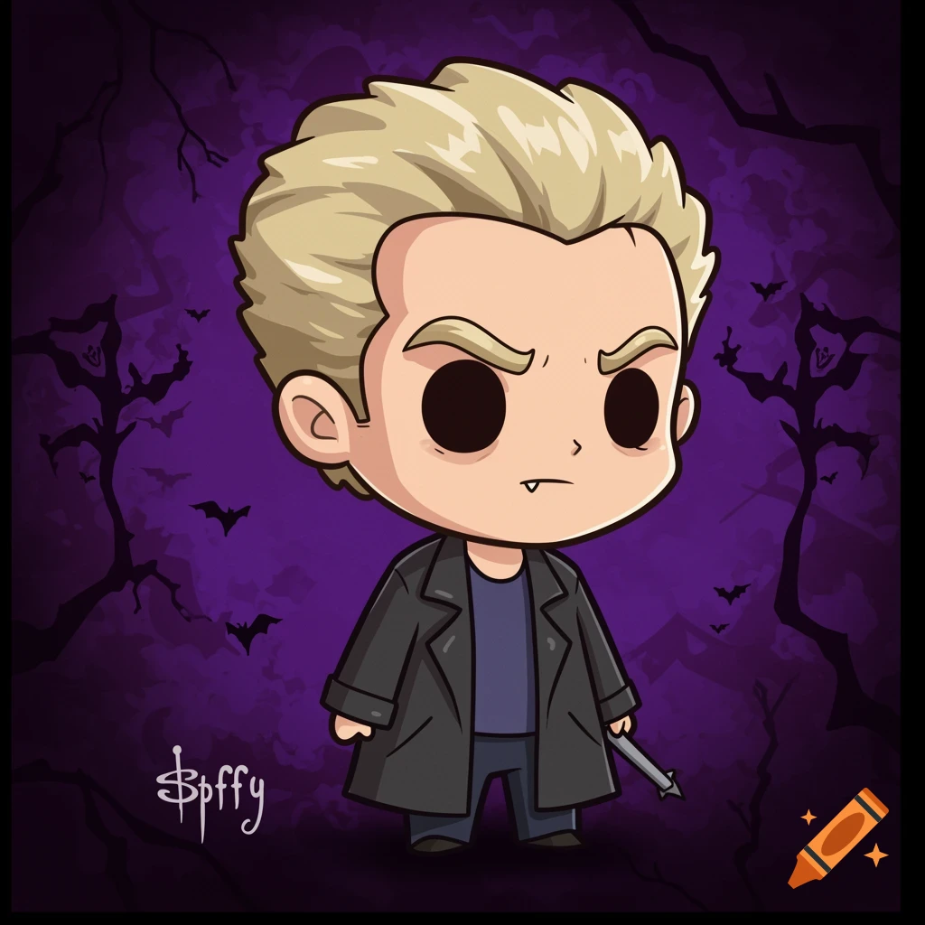 Cute cartoon illustration of Spike from Buffy holding a stake against a purple vampire-themed background with bats and trees.