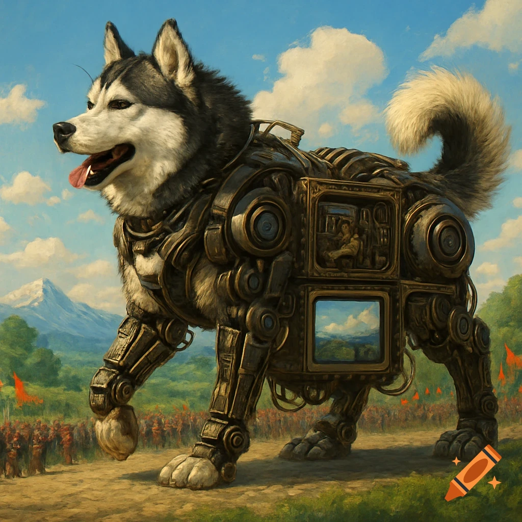 A giant mechanical husky leads a parade past mountains and crowds under a blue sky.