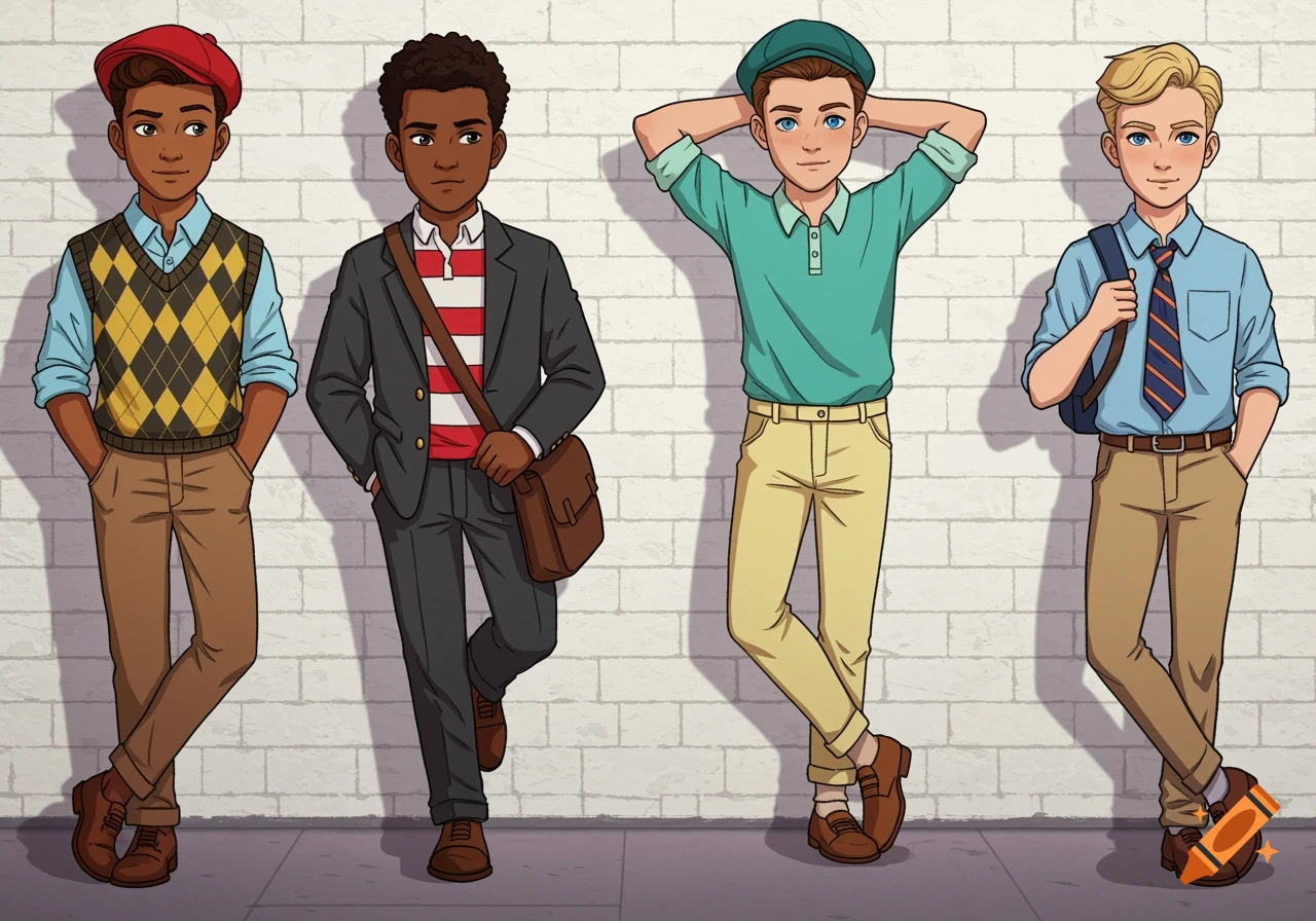 Four cartoon boys in preppy outfits stand in front of a white brick wall.