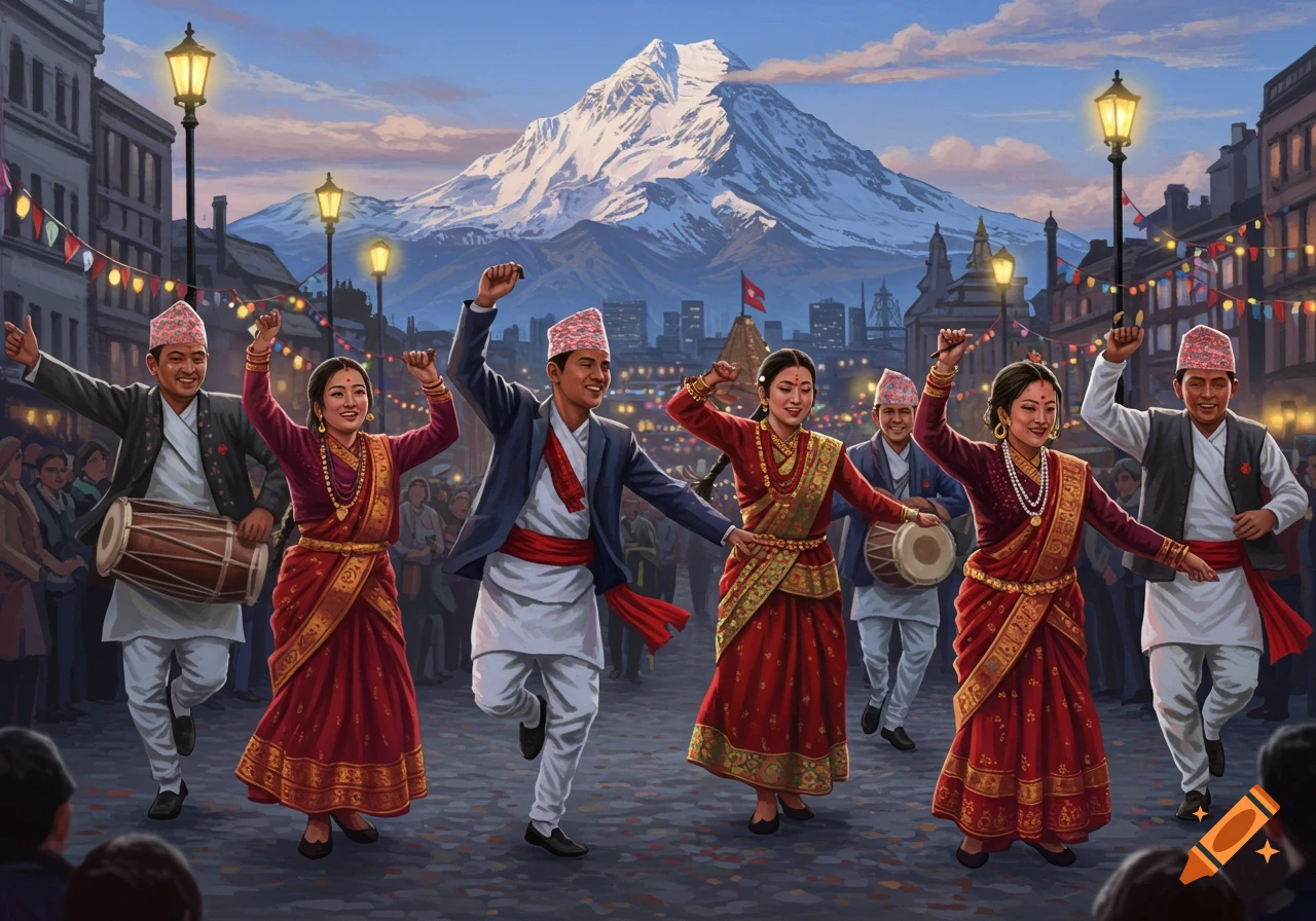Nepali people in traditional attire dancing at a festival with a mountain backdrop
