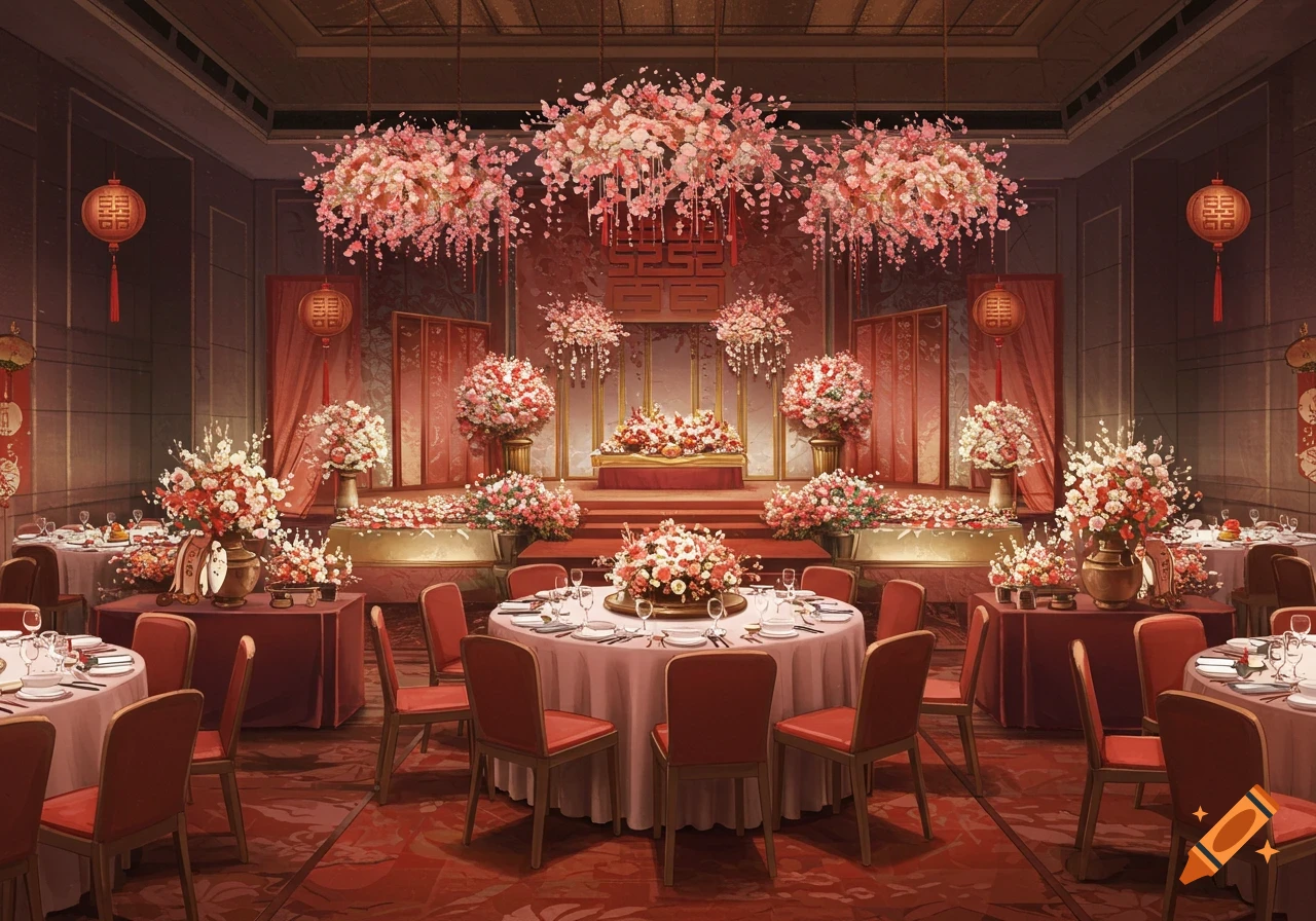 Decorated indoor wedding reception with round tables, chairs, flower arrangements, and Chinese lanterns.