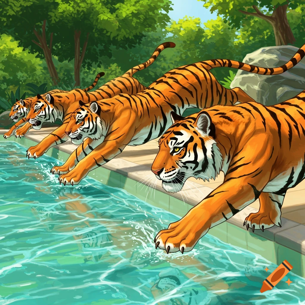 Illustration of several tigers jumping into a swimming pool.