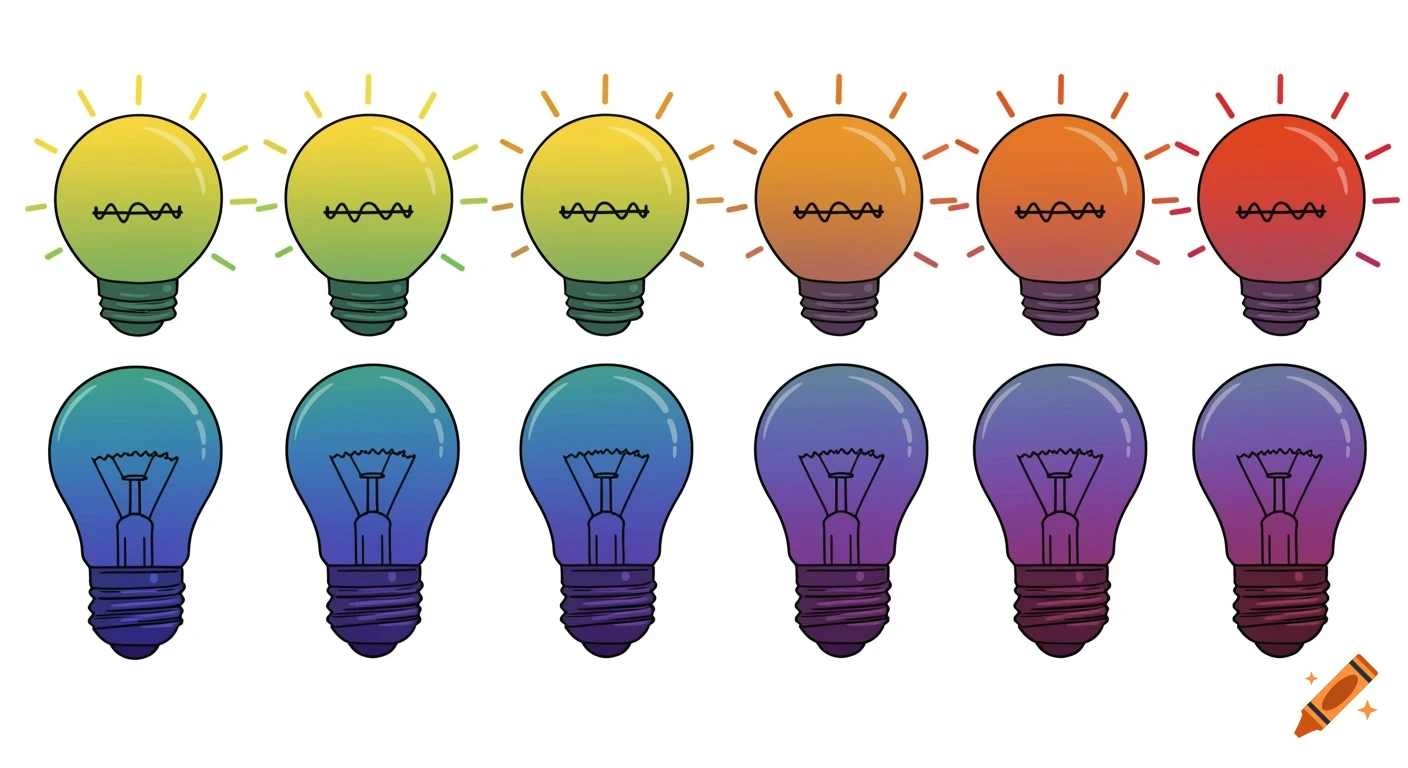 Two rows of colorful clipart lightbulbs with wavy filaments and radiating lines.
