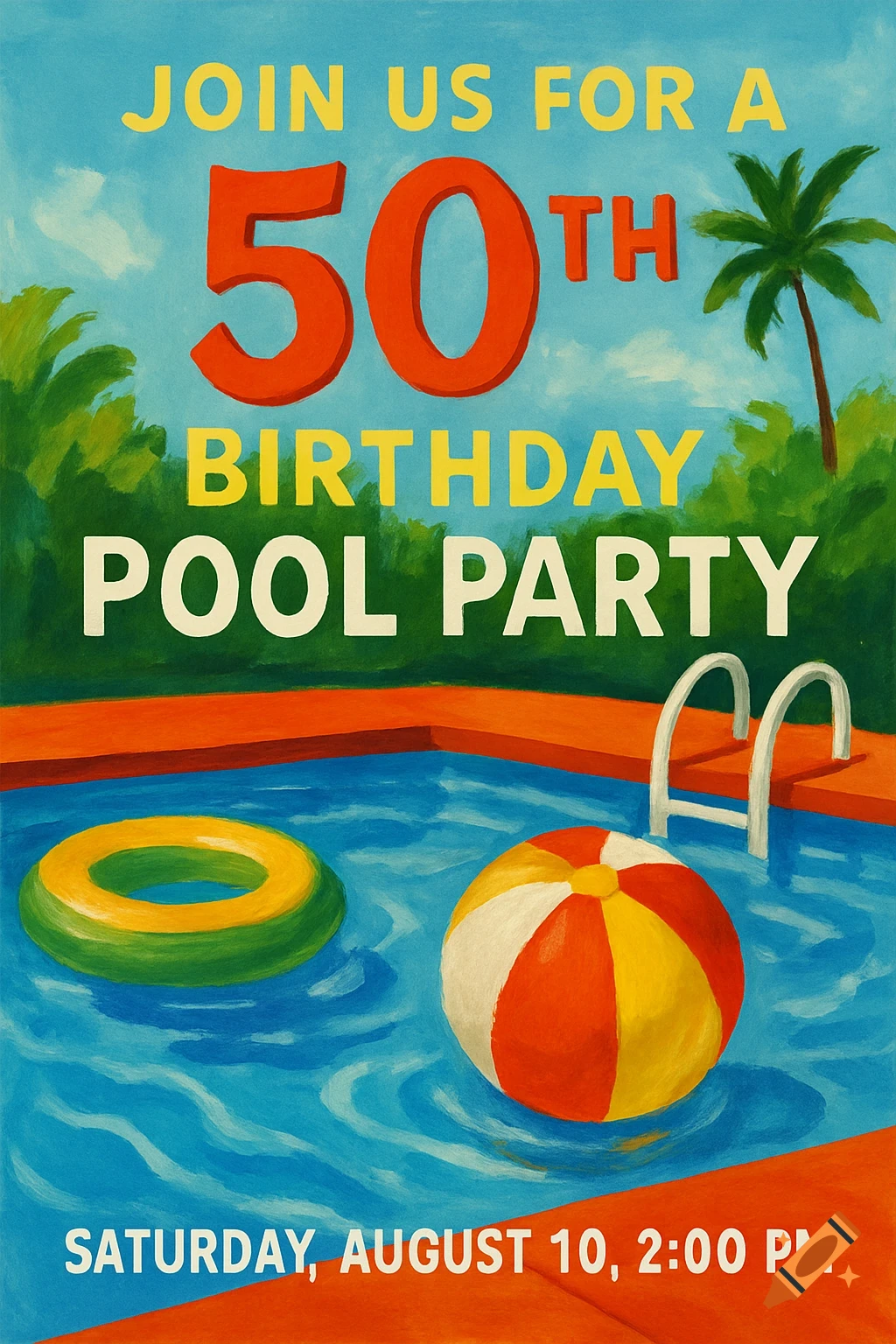 Painterly invitation for a 50th birthday pool party with text, pool, inflatable ring, and beach ball.