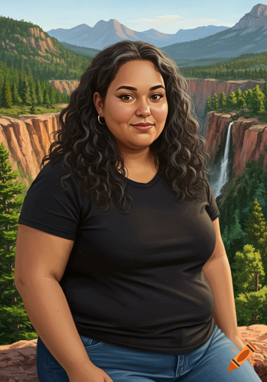 A woman with curly hair and a black shirt sits in front of a mountain landscape with a waterfall.