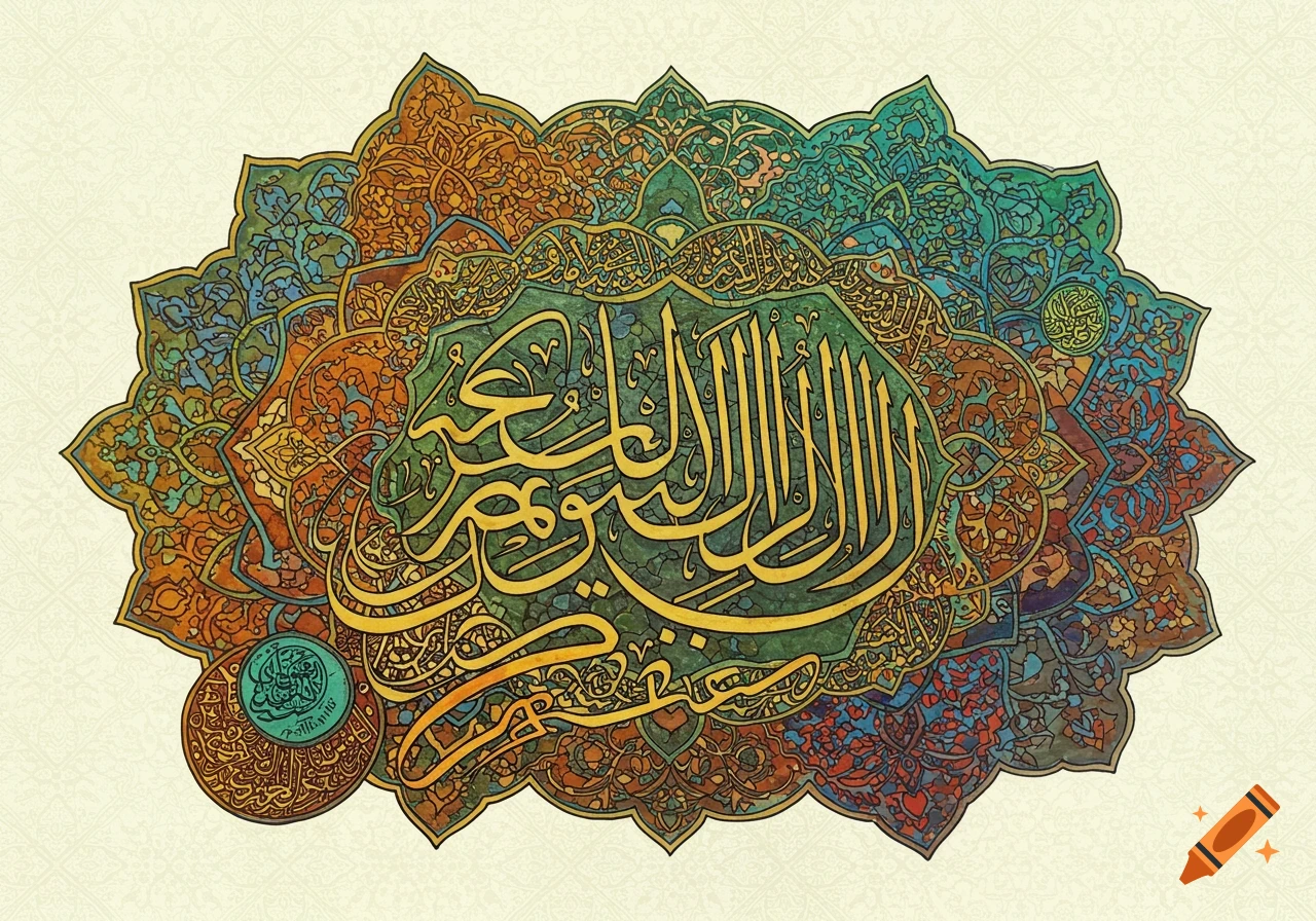 Intricate, colorful Islamic geometric pattern with detailed Arabic calligraphy in the center.