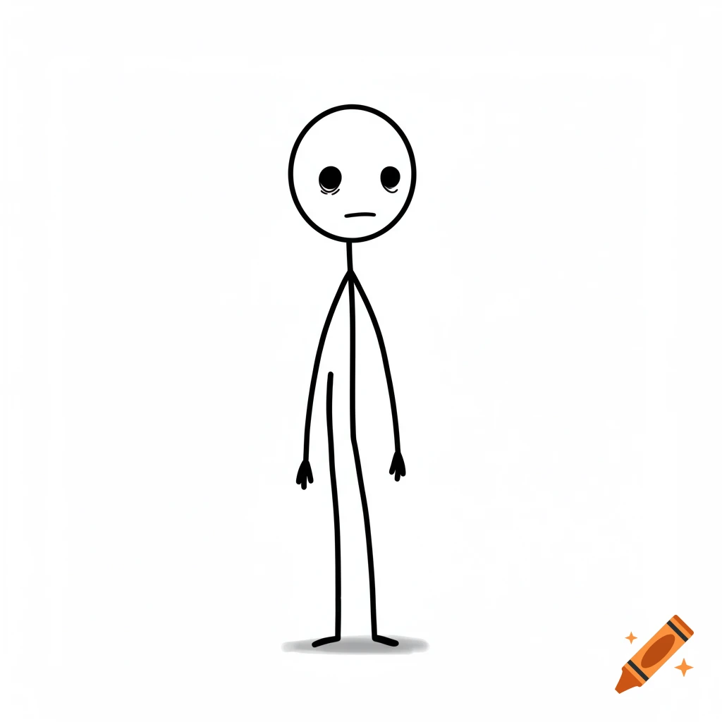 A black and white stick figure with a deadpan expression stands on a white background.