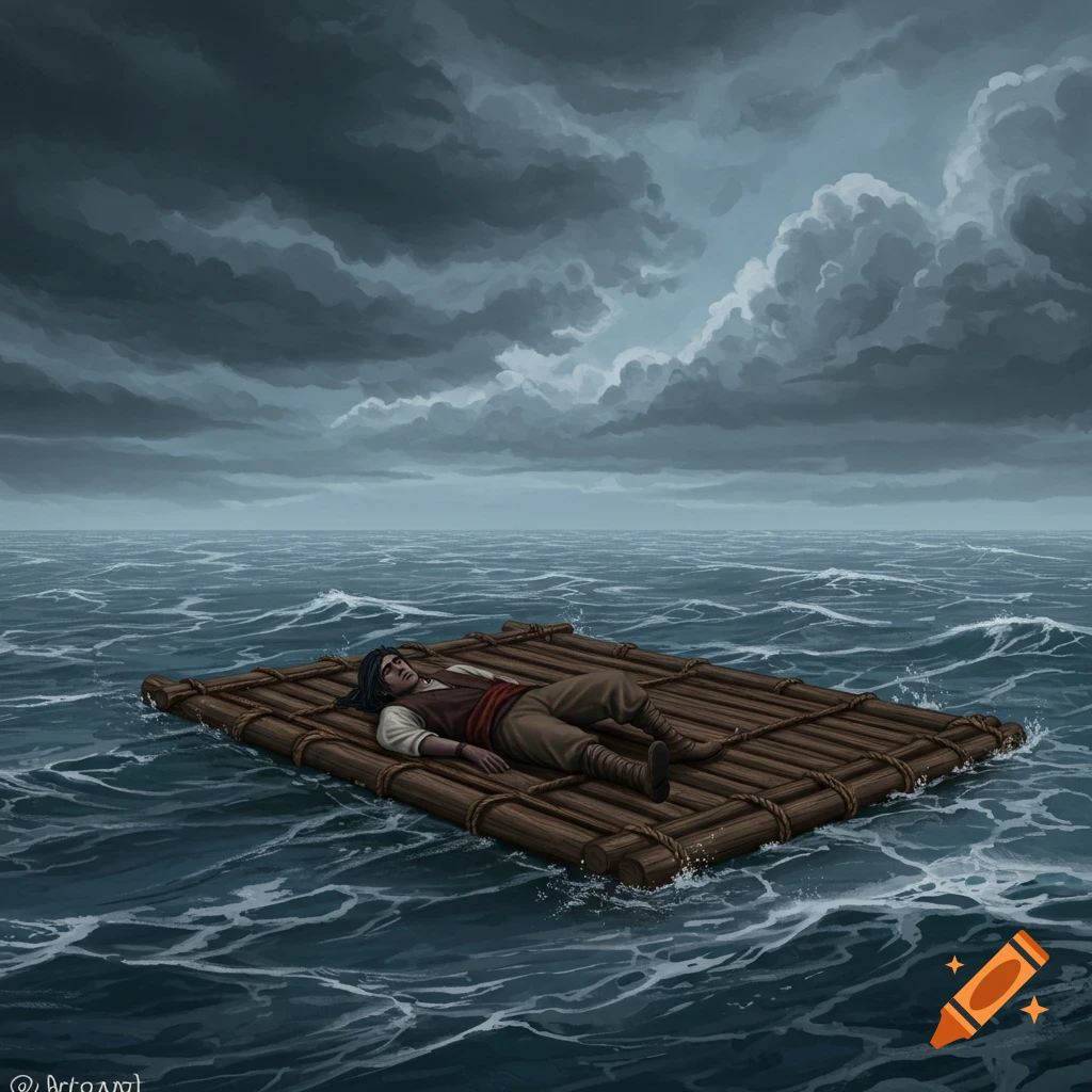 Digital painting of a person lying on a raft in a stormy ocean under dark clouds.