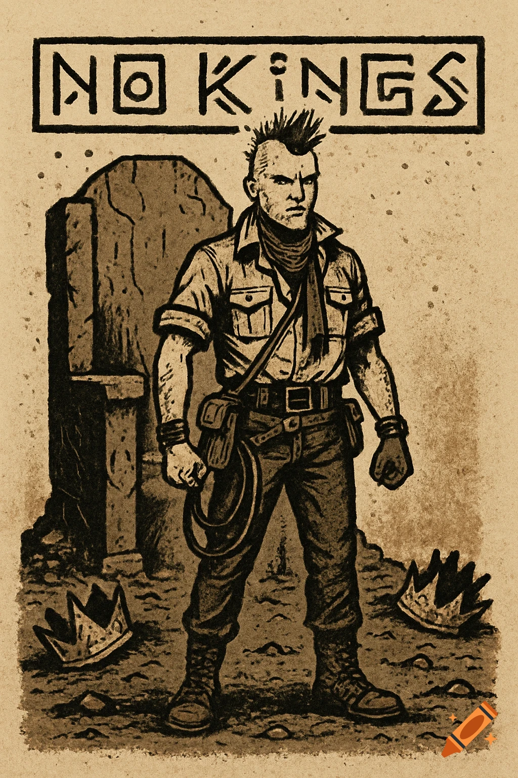 Vintage illustration of a punk archaeologist by ruined throne & broken crowns, text says NO KINGS.