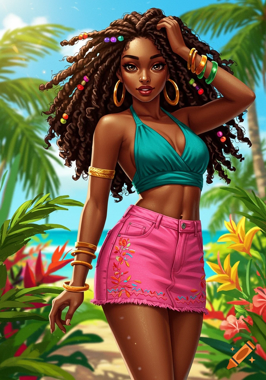 A young woman with dreadlocks and colorful clothing poses in a tropical setting.