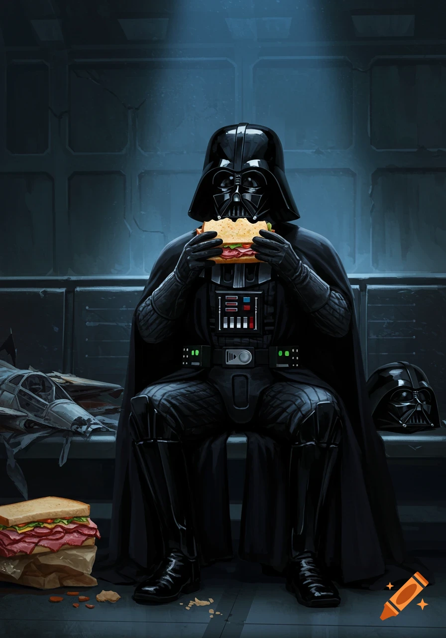 Darth Vader sits on a bench eating a sandwich, with a damaged starfighter and his helmet nearby.