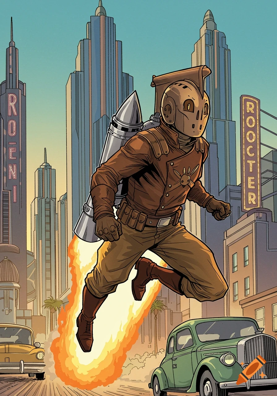A retro-styled character in a helmet and jetpack flies over a city street with vintage cars.