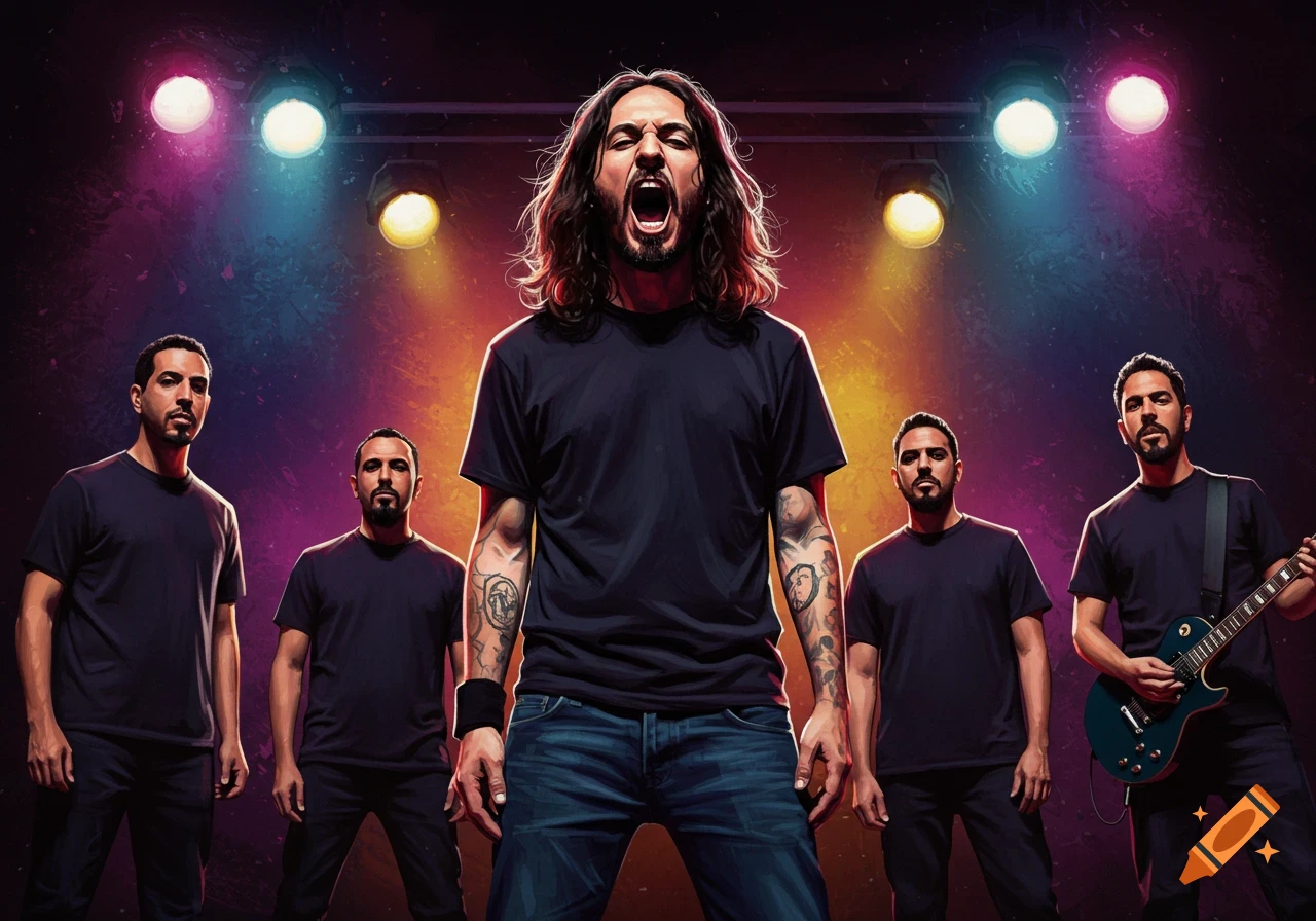 A band performs on stage under colorful spotlights.