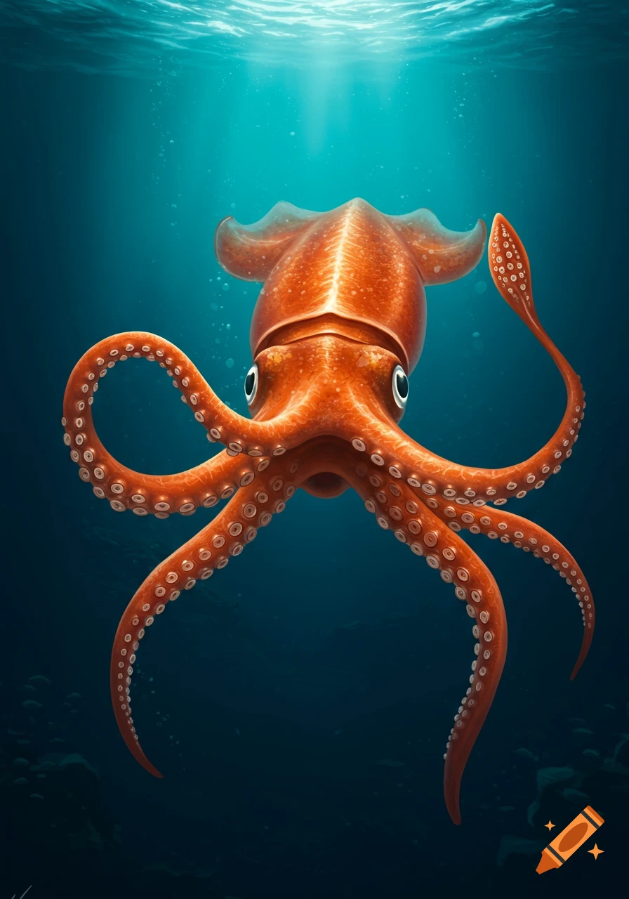 An orange squid floats in blue water with light rays from above.