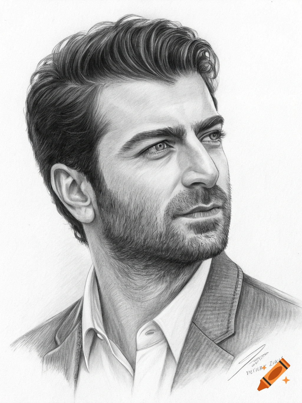 Realistic pencil sketch portrait of a man in a jacket, looking to the side.