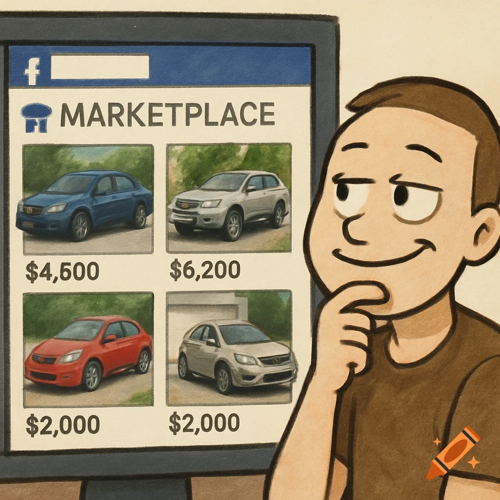 Cartoon man looking at car listings on a computer screen showing Facebook Marketplace