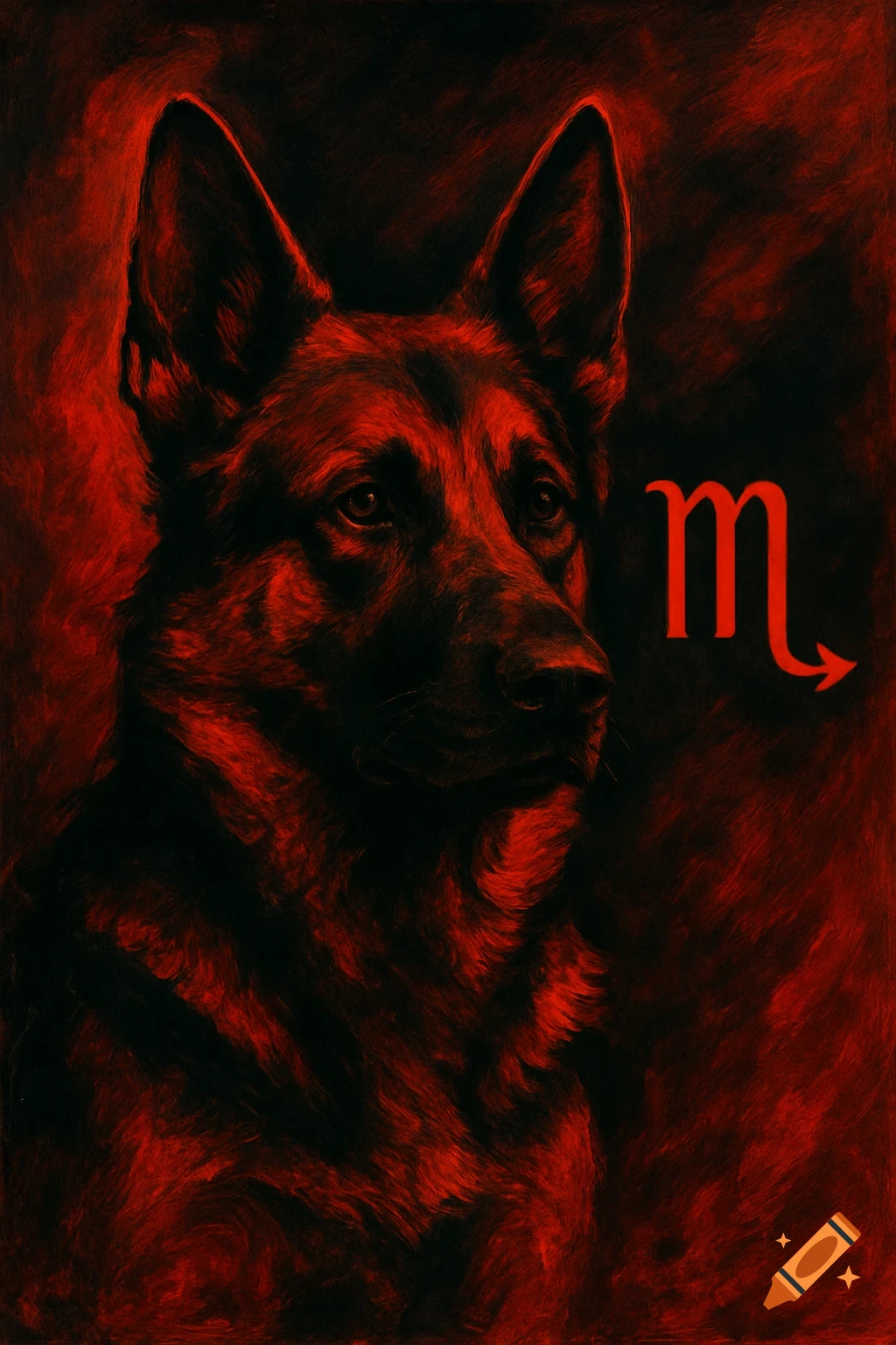 A German Shepherd bust in dark red and black lighting with the red Scorpio astrological symbol next to its head.
