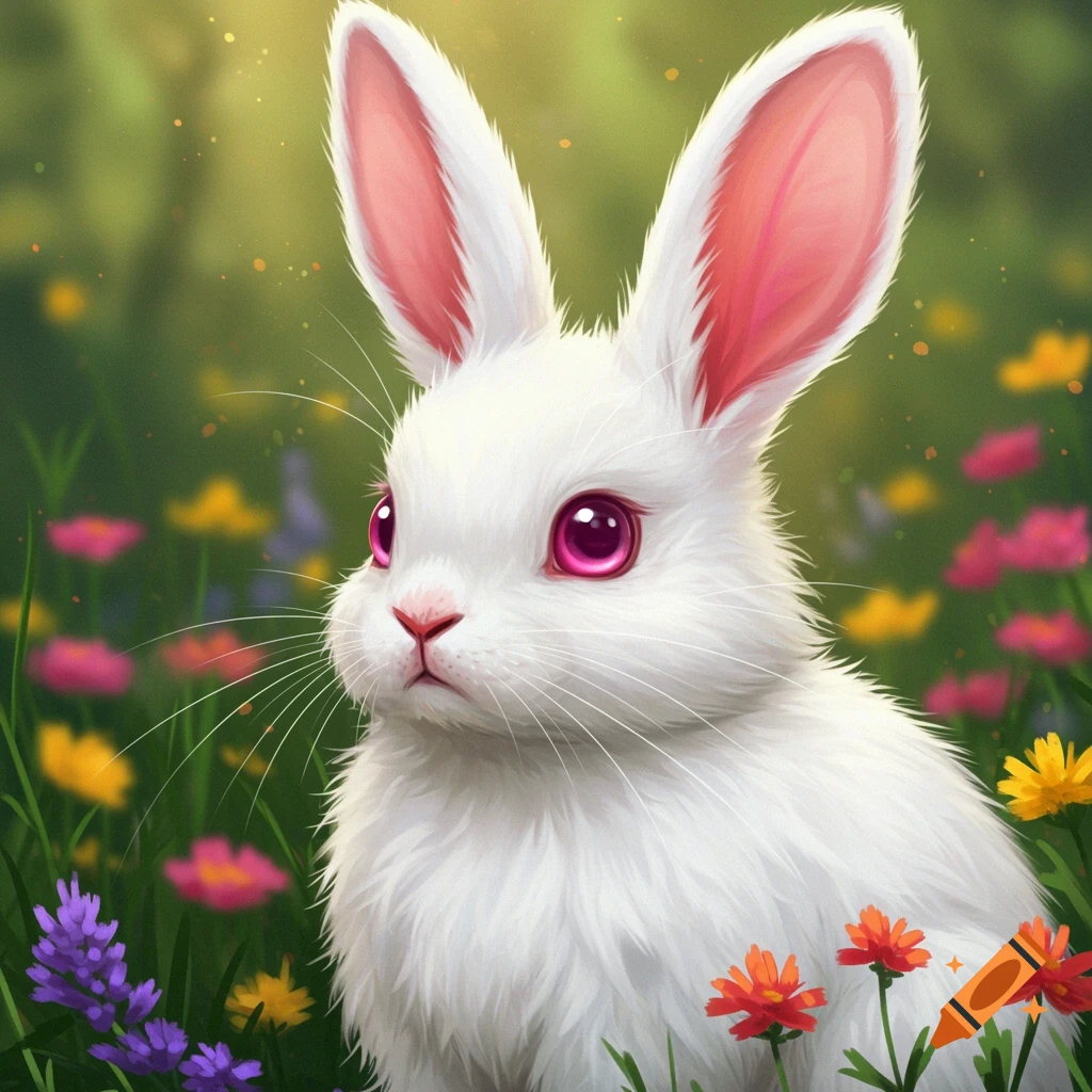 Cute white rabbit with pink eyes sits among colorful flowers.