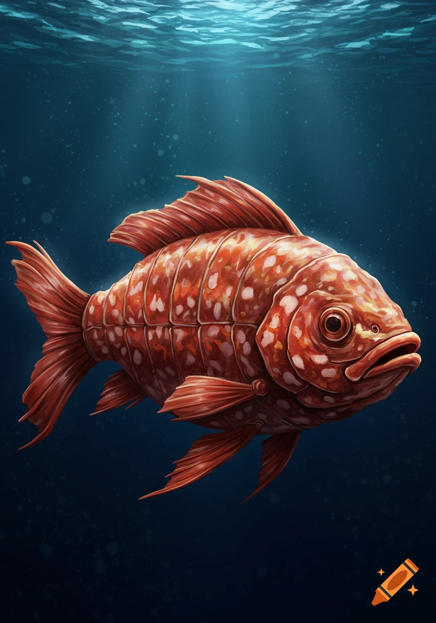 Stylized red and white fish with salami-like texture swims underwater with light rays.