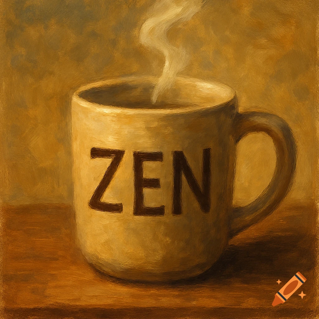 Painterly image of a steaming cup with ZEN written on it.
