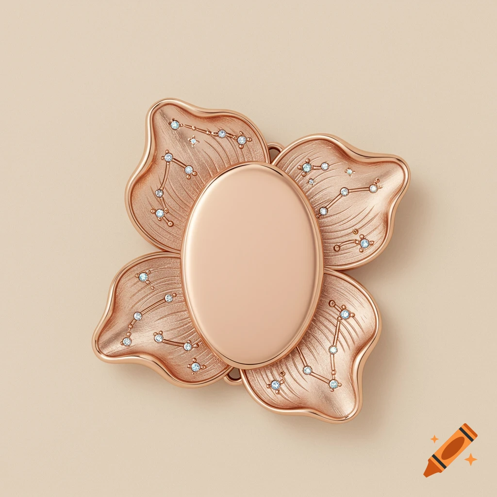 A rose gold locket shaped like a flower with petal-like edges, featuring constellation patterns and tiny diamonds.