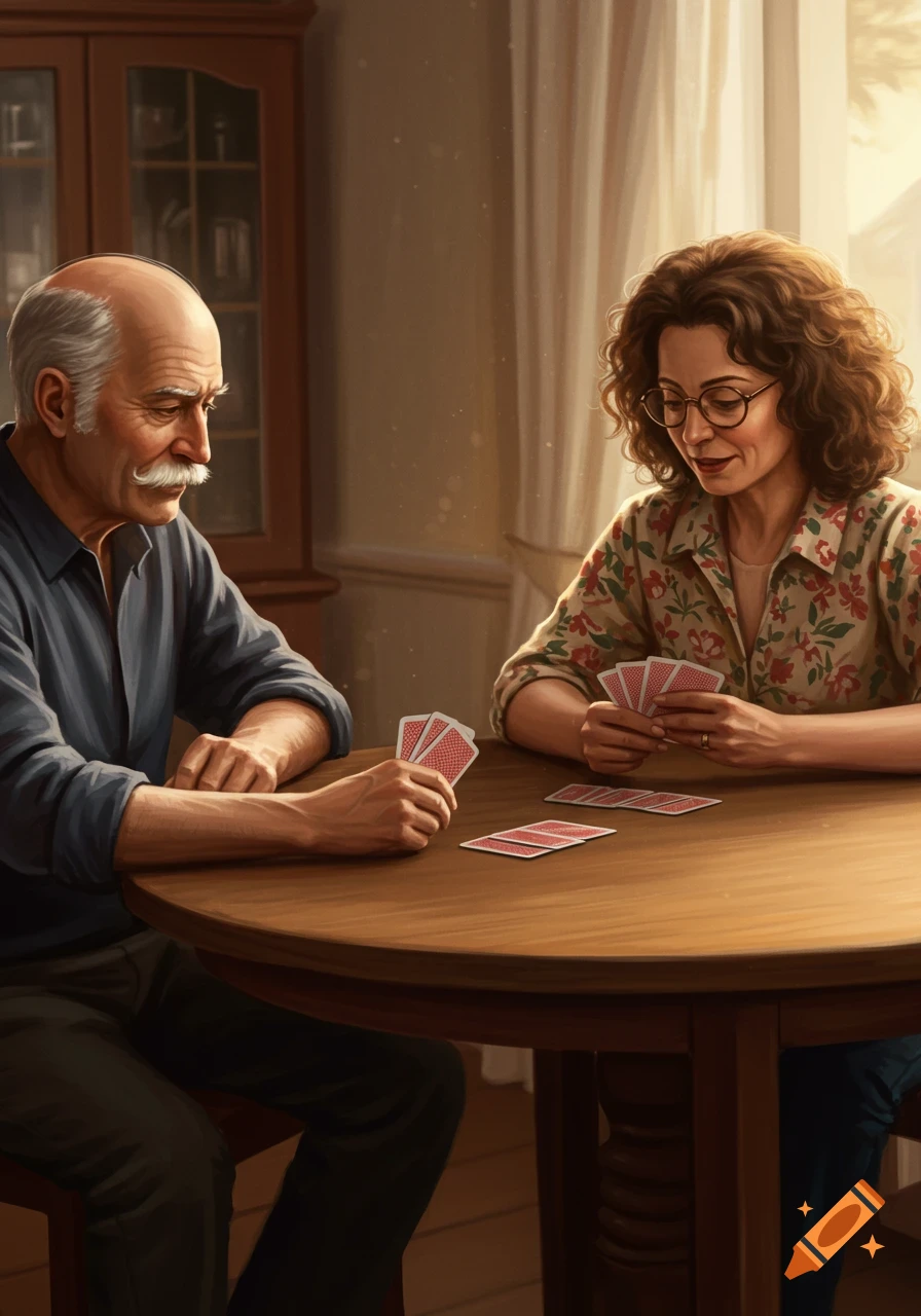 Two older adults play cards at a table in a room, painterly style.