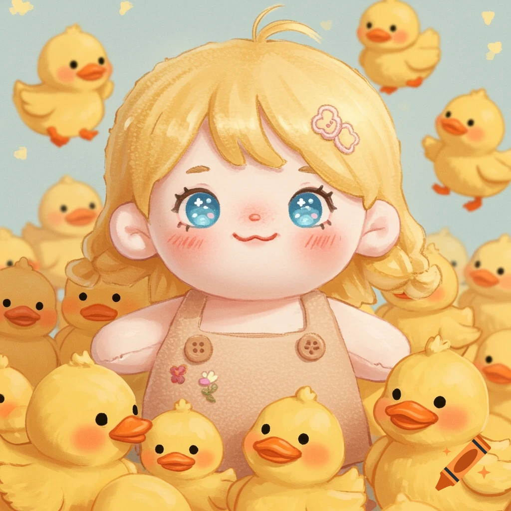 A cute blonde doll plushie is surrounded by many yellow rubber ducks in an illustrative style.