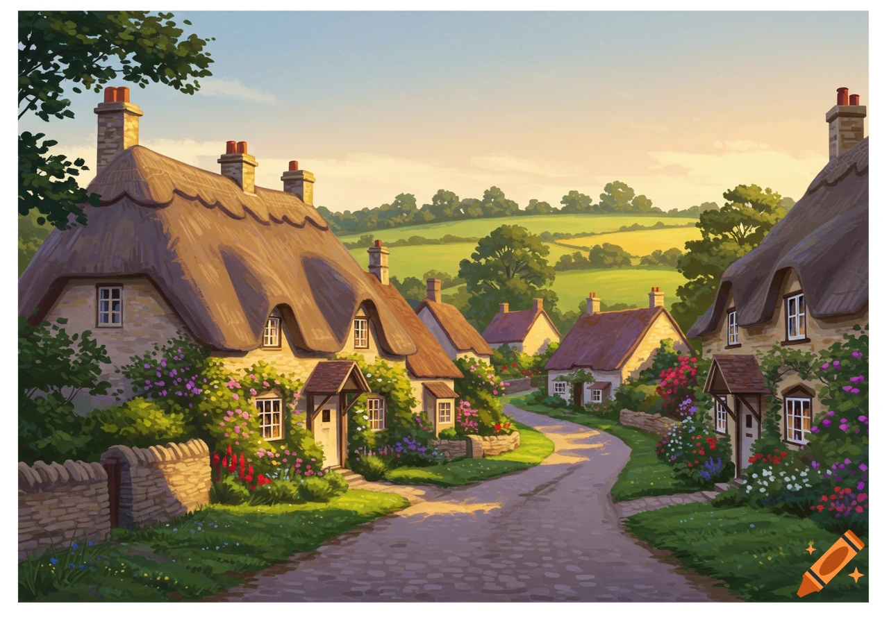 Painting of a picturesque village with thatched cottages along a winding road under a warm sky